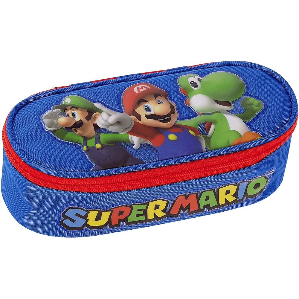 Super Mario - Astuccio ovale organizzato bambini, Vano interno, Poliestere, 22cm, Blu