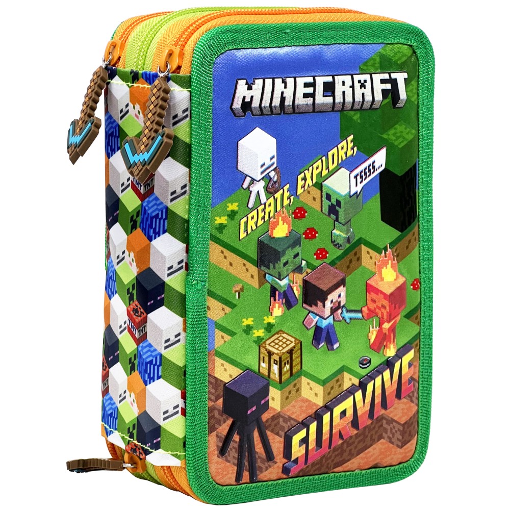 Minecraft - Astuccio triplo riempito per bambini, per la Scuola o tempo libero, 3 Zip, 44 Accessori scuola