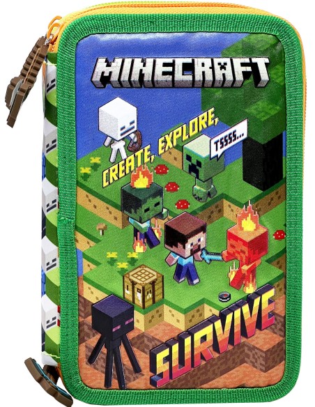 Minecraft - Astuccio triplo riempito per bambini, per la Scuola o tempo libero, 3 Zip, 45 Accessori scuola