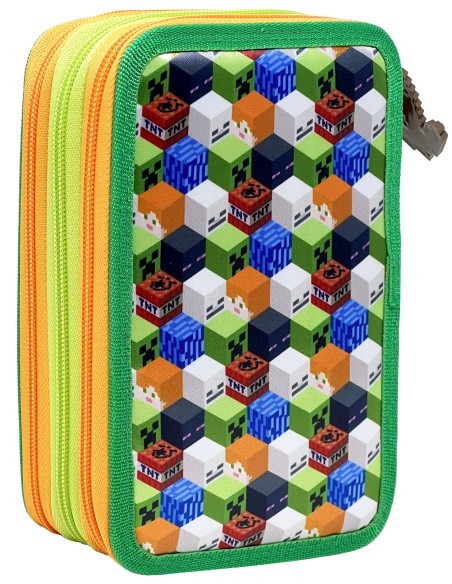 Minecraft - Astuccio triplo riempito per bambini, per la Scuola o tempo libero, 3 Zip, 45 Accessori scuola