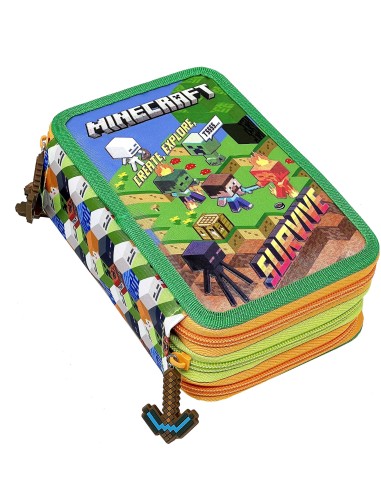 Minecraft - Astuccio triplo riempito per bambini, per la Scuola o tempo libero, 3 Zip, 45 Accessori scuola