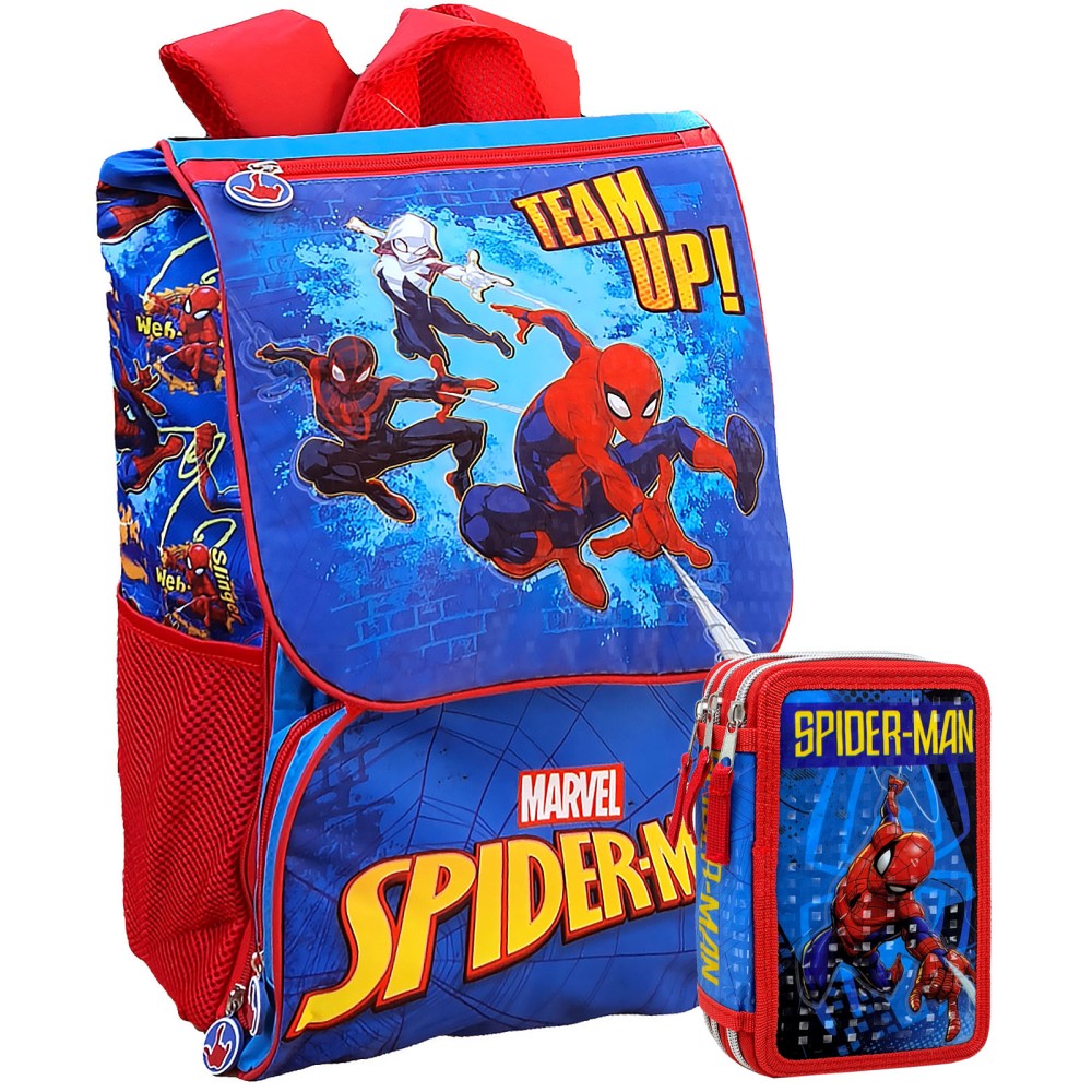 Marvel Spider-Man - Schoolpack Zaino Estensibile + Astuccio riempito per la Scuola Elementare