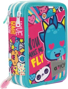 Go-Pop Love and Pace Giochi Preziosi - Astuccio triplo riempito per la scuola elementare, 3 Zip, 43 Accessori scuola inclusi