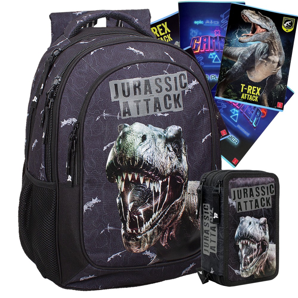 Julian Ross Dinosauro T-Rex Black - Schoolpack con Zaino Scuola, Astuccio triplo e 5 Quadernoni, Bambino Scuola Elementare