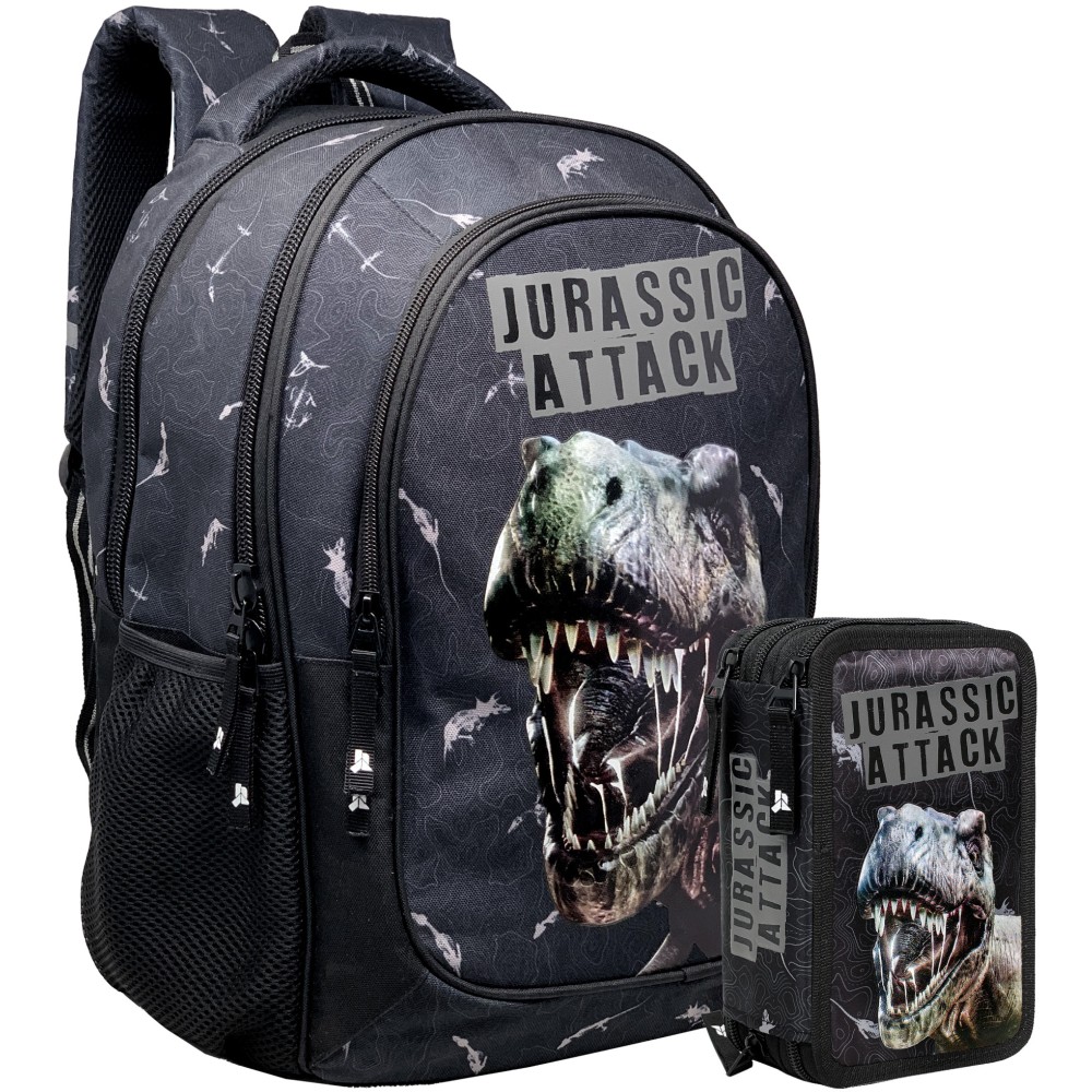 Julian Ross Dinosauro T-Rex Black - Schoolpack con Zaino Scuola e Astuccio triplo riempito 45 pezzi, Elementare e Medie
