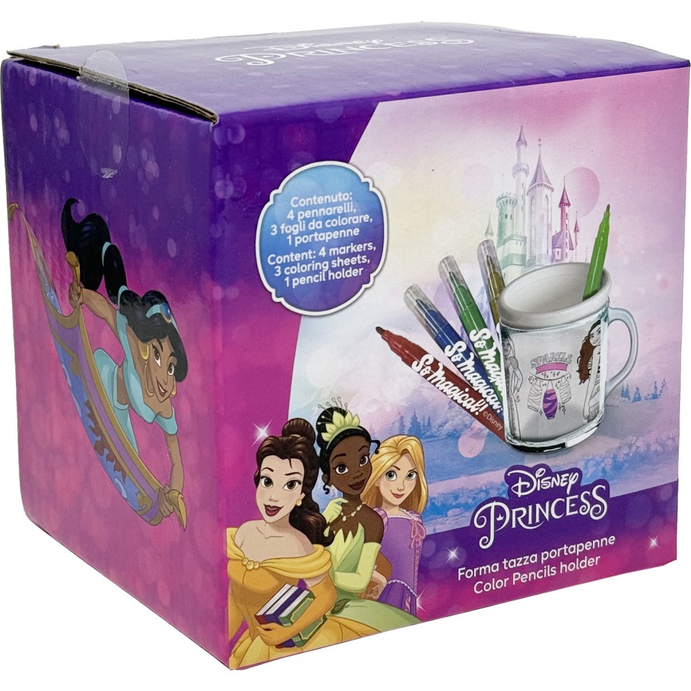Principesse Disney - Tazza portapenne in plastica da colorare per Bambini, con 4 Pennarelli e 3 fogli