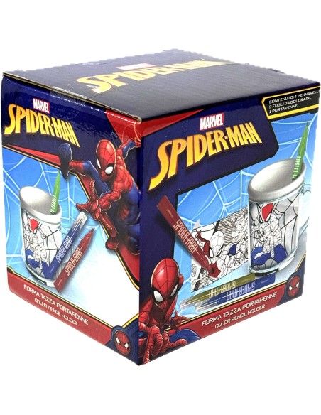 Marvel Spider-Man - Tazza portapenne in plastica da colorare per Bambini, con 4 Pennarelli e 3 fogli