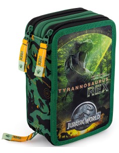 Jurassic World - Astuccio triplo riempito per bambini, per la Scuola o tempo libero, 3 Zip, 45 Accessori scuola