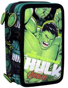 Marvel Avengers Hulk - Astuccio triplo riempito per bambini, per la Scuola o tempo libero, 44 Accessori scuola