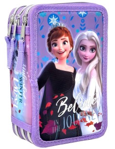 Disney Frozen - Astuccio 3 scomparti per bambini, per la Scuola Elementare o tempo libero, 3 Zip, 44 Pezzi Inclu