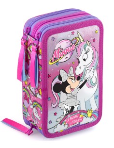 Disney Minni con Unicorno - Astuccio triplo riempito per bambini, per la Scuola o tempo libero, 3 Zip, 45 Accessori Scuola