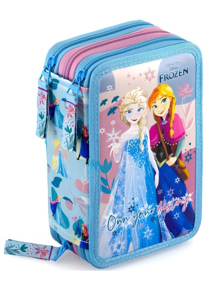 Disney Frozen - Astuccio triplo riempito per bambini, per la Scuola o tempo libero, 3 Zip, 45 Accessori Scuola