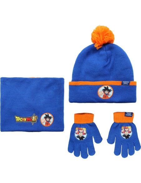 Dragon Ball Super - Coordinati invernali per bambini, Set 3 pezzi, Cappello pompon + Guanti + Scaldacollo