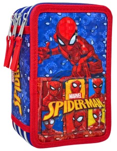 Marvel Spider-Man - Astuccio 3 scomparti per bambini, per la Scuola Elementare o tempo libero, 3 Zip, 44 Pezzi Inclusi