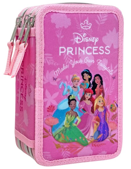 Principesse Disney - Astuccio 3 scomparti per bambini, per la Scuola Elementare o tempo libero, 3 Zip, 44 Pezzi Inclusi