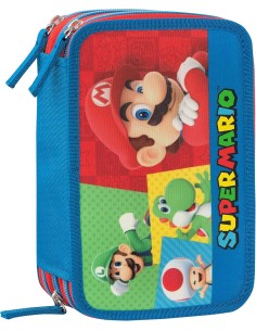 Super Mario - Astuccio triplo riempito, 3 Scomparti, 45 Accessori Scuola Elementare, 20cm