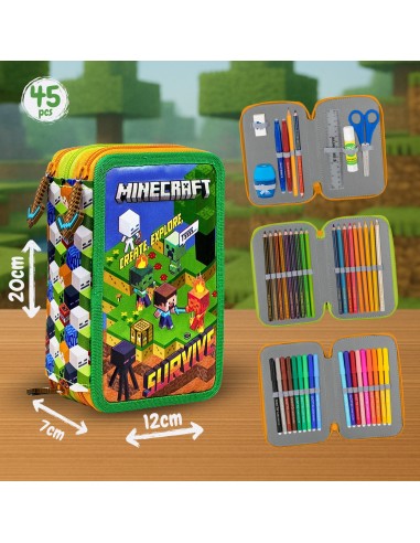 Minecraft - Astuccio triplo riempito per bambini, per la Scuola o tempo libero, 3 Zip, 45 Accessori scuola