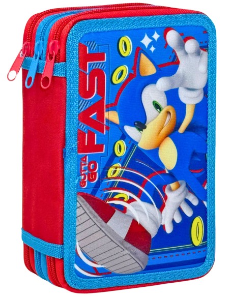 Sonic the Hedgehog - Astuccio 3 scomparti per bambini, per la Scuola Elementare o tempo libero, 3 Zip, 44 Pezzi Inclusi