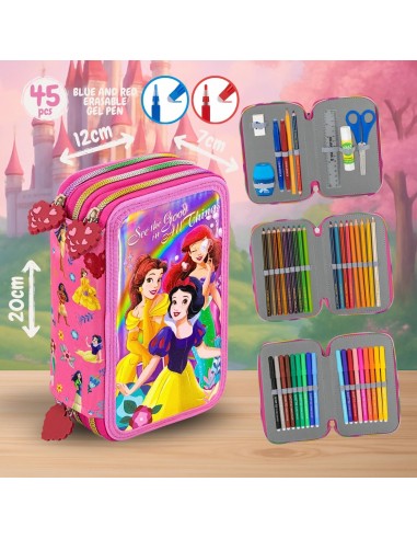 Principesse Disney - Astuccio 3 Scomparti, 45 pezzi, 2 Penne Gel Cancellabili, Pastelli 4.0. Pennarelli Giotto