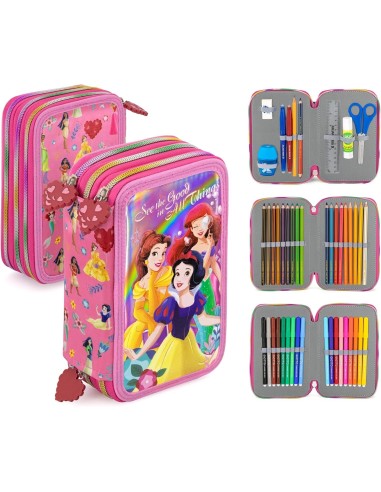 Principesse Disney - Astuccio 3 Scomparti, 45 pezzi, 2 Penne Gel Cancellabili, Pastelli 4.0. Pennarelli Giotto